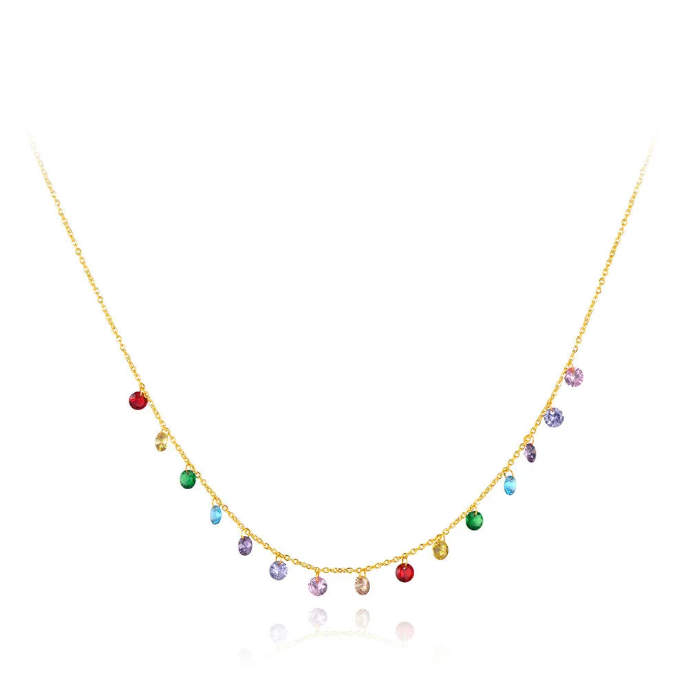 JeeMango Fashion Bohemia Stainless Steel Colorful CZ Crystal Choker Necklace Summer Beach Pendant Necklace For Women JN19125