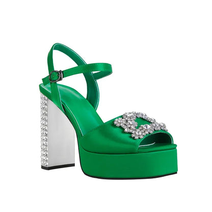 Square Headed Satin Banquet Sandals 2026 New Rhinestone Thick Heel High Heels 35-43 Leather Waterproof Platform Show Women Shoes