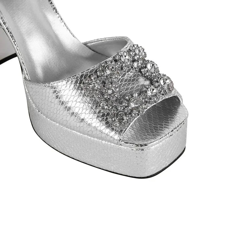 Square Headed Satin Banquet Sandals 2026 New Rhinestone Thick Heel High Heels 35-43 Leather Waterproof Platform Show Women Shoes