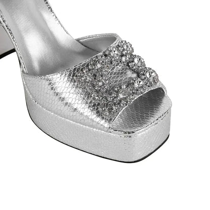 Square Headed Satin Banquet Sandals 2026 New Rhinestone Thick Heel High Heels 35-43 Leather Waterproof Platform Show Women Shoes