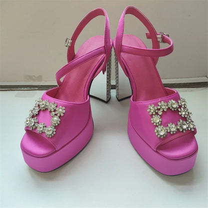 Square Headed Satin Banquet Sandals 2026 New Rhinestone Thick Heel High Heels 35-43 Leather Waterproof Platform Show Women Shoes