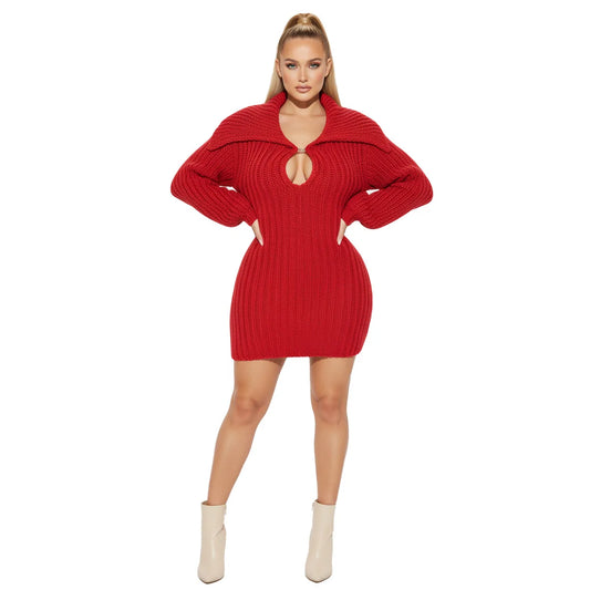 2025 New High Collar Elegant Commuter Big Collar Slim Fit Elastic Lantern Sleeve Woolen Dress