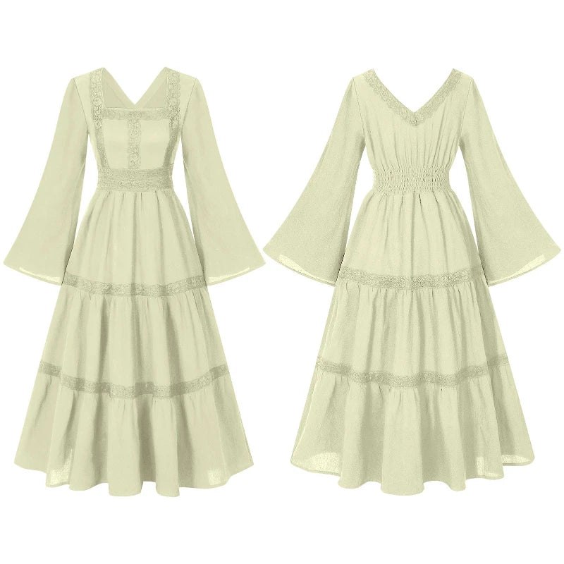 2025 New Beige Halloween/Christmas Square Neck Lace Trim Bell Sleeve Dress for Women, Halloween/Christmas COS Costumes Long Sirt