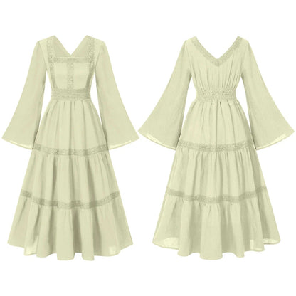 2025 New Beige Halloween/Christmas Square Neck Lace Trim Bell Sleeve Dress for Women, Halloween/Christmas COS Costumes Long Sirt