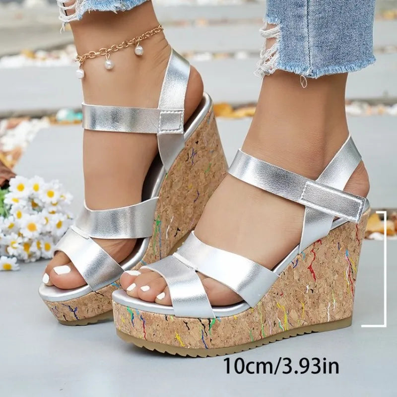 Women's Silver Chunky Platform Sandals 2026 Summer Cork Thick Sole Wedge Sandals Woman Plus Size 43 Pu Leather Casual Shoes
