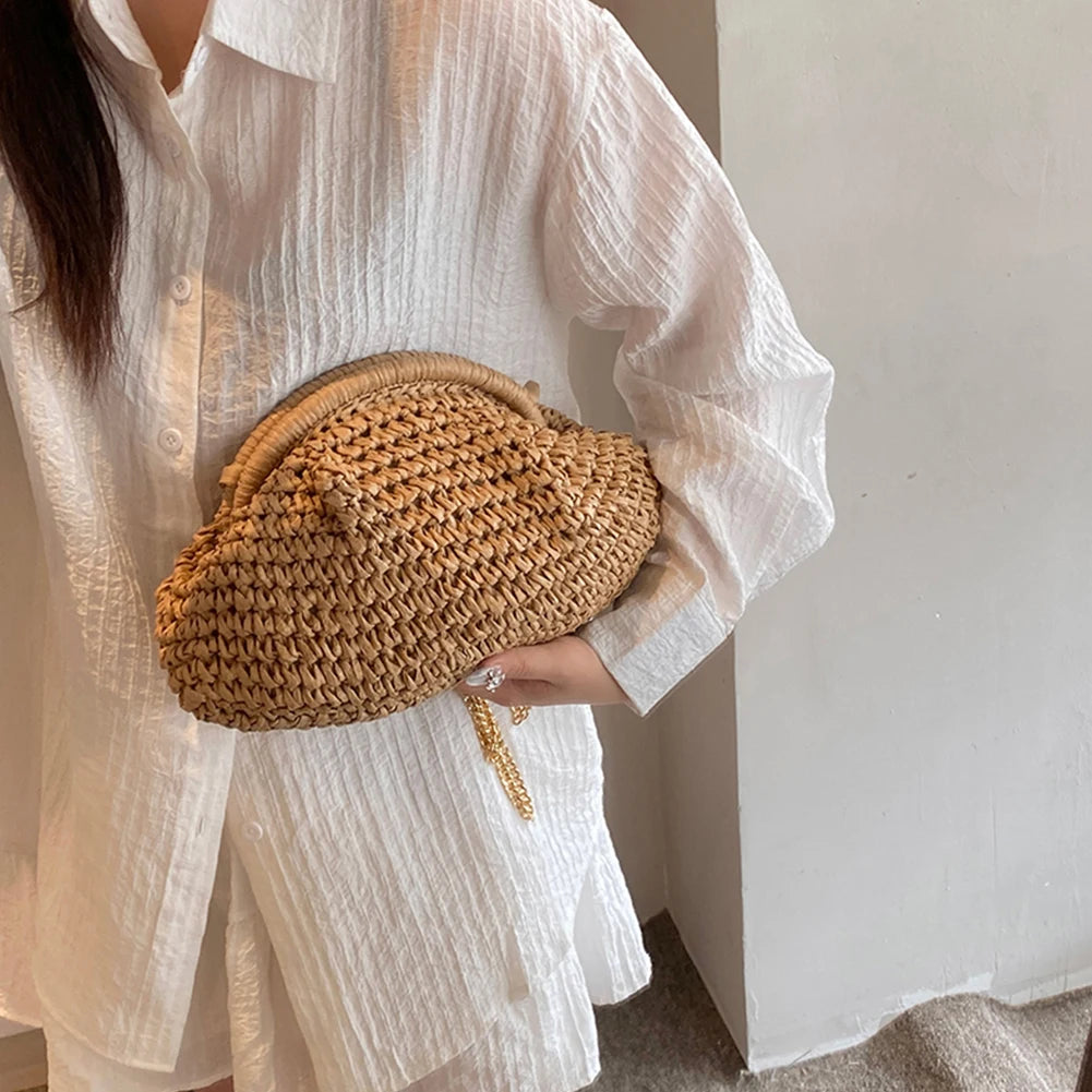 Women Straw Woven Bag Chain Strap Fashion Shoulder Bag Large Capacity Weaving Satchel Bag Solid Color for Party Vacation
