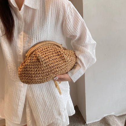Women Straw Woven Bag Chain Strap Fashion Shoulder Bag Large Capacity Weaving Satchel Bag Solid Color for Party Vacation