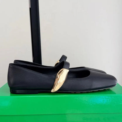 High Quality Women's Soft-soled Mary Jane Square Toe Versatile Commuter Metallic Decor One Strap Genuine Leather Flat Shoes