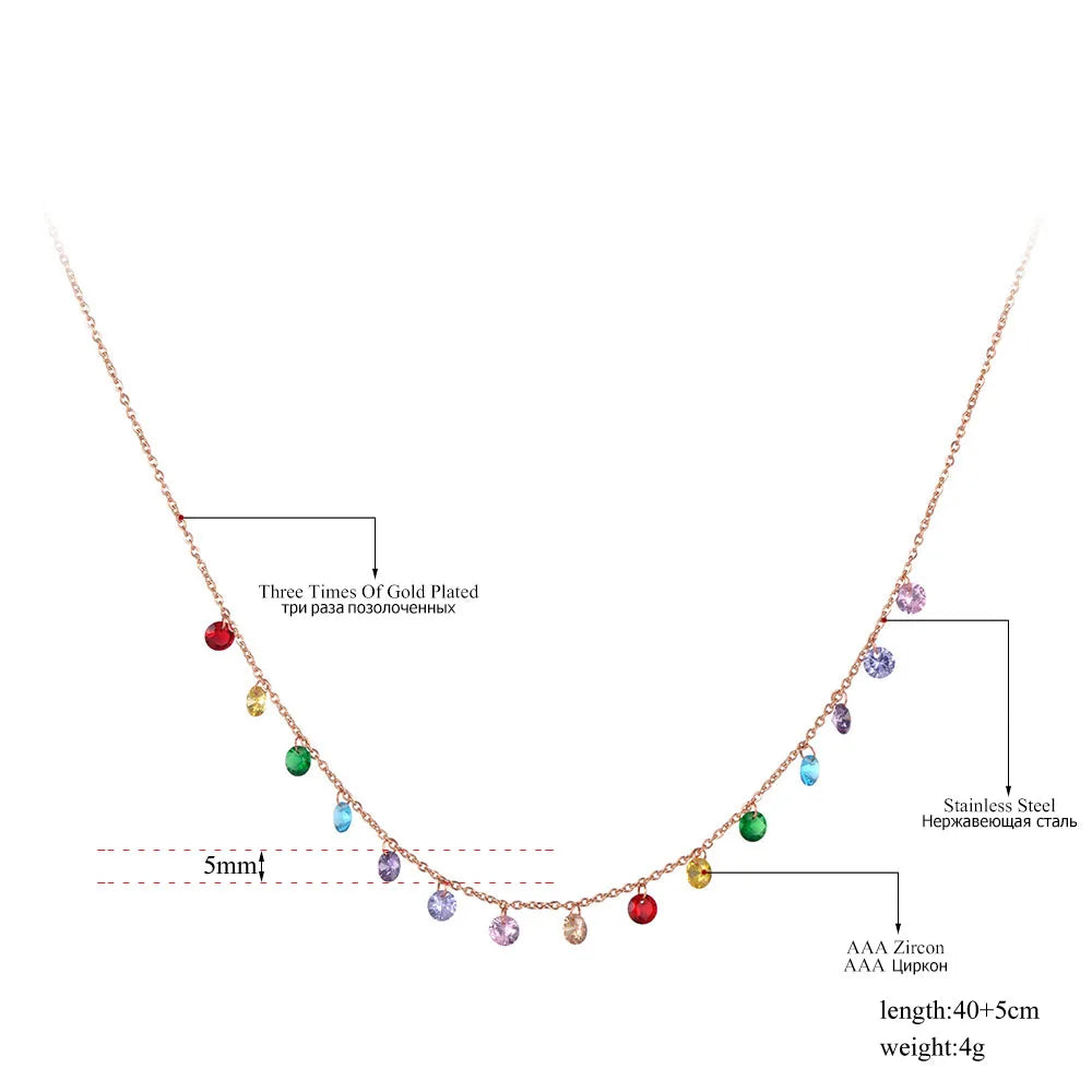 JeeMango Fashion Bohemia Stainless Steel Colorful CZ Crystal Choker Necklace Summer Beach Pendant Necklace For Women JN19125