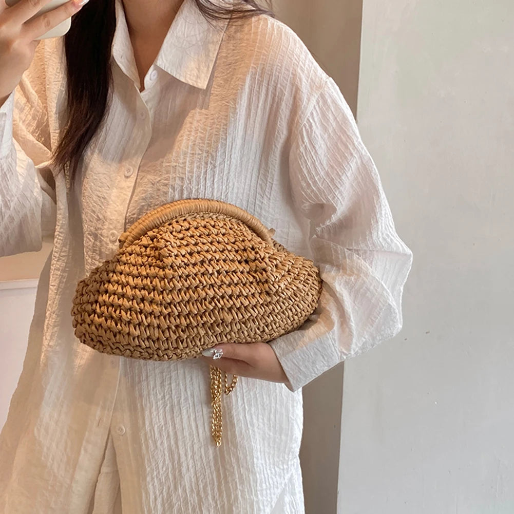 Women Straw Woven Bag Chain Strap Fashion Shoulder Bag Large Capacity Weaving Satchel Bag Solid Color for Party Vacation