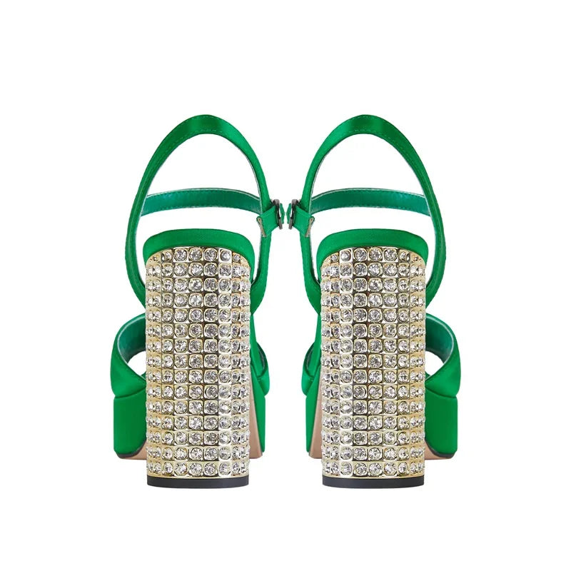 Square Headed Satin Banquet Sandals 2026 New Rhinestone Thick Heel High Heels 35-43 Leather Waterproof Platform Show Women Shoes