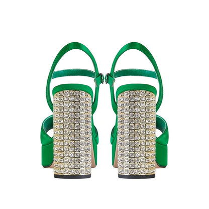 Square Headed Satin Banquet Sandals 2026 New Rhinestone Thick Heel High Heels 35-43 Leather Waterproof Platform Show Women Shoes