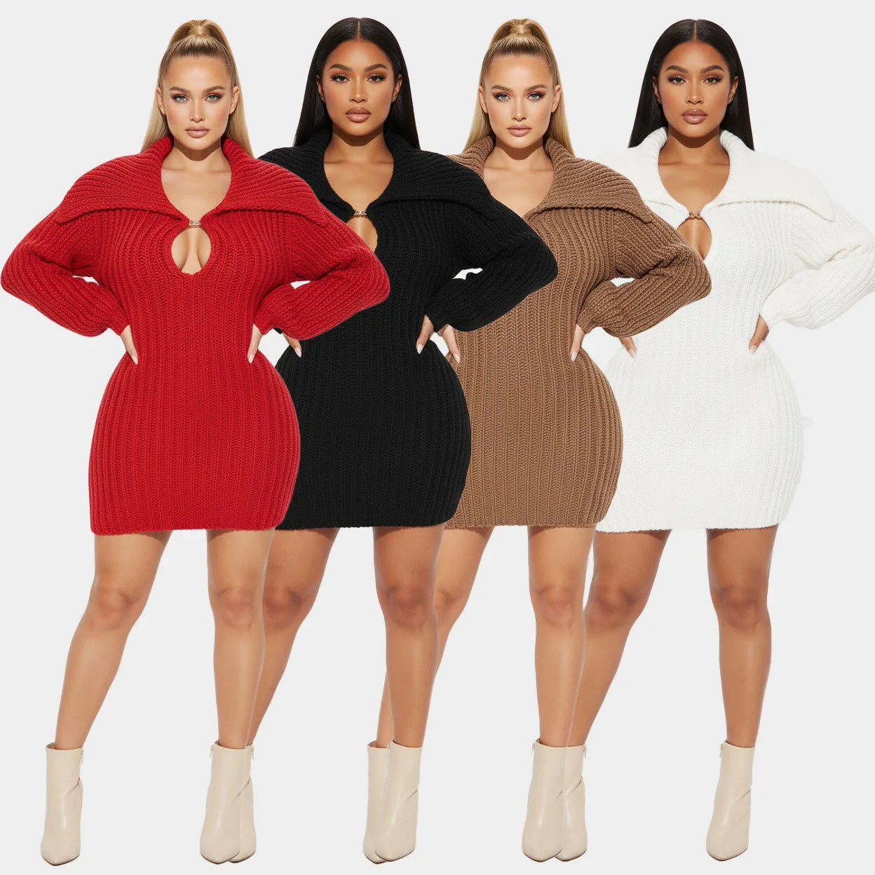 2025 New High Collar Elegant Commuter Big Collar Slim Fit Elastic Lantern Sleeve Woolen Dress