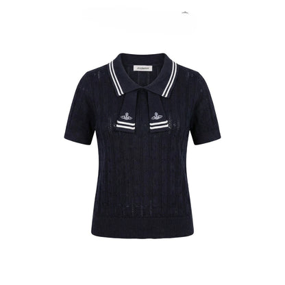 Summer College Style Knitted Collar Girls' T-shirt Simple, Breathable, Comfortable Short Sleeved Commuting Texture High-end Top