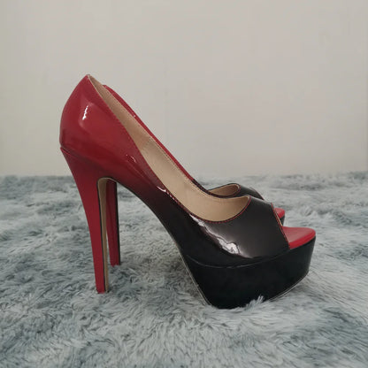 Women Stilettos Sexy Pumps 14cm Extremely Platform Peep Toe High Heels Patent Leather Party Nighclub Dress Red Wedding Shoes