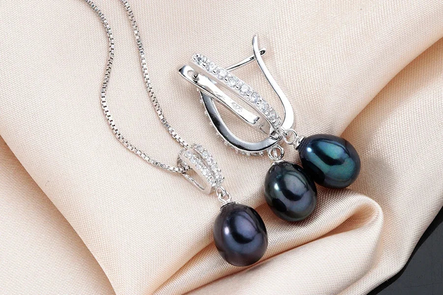 YWYC Horseshoe 8-9mm Rice Freshwater Pearl Earrings&Necklaces Jewelry Set for Women 925 Sterling Silver 45cm Pendant Necklace
