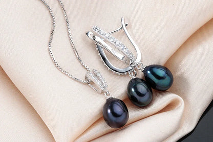 YWYC Horseshoe 8-9mm Rice Freshwater Pearl Earrings&Necklaces Jewelry Set for Women 925 Sterling Silver 45cm Pendant Necklace