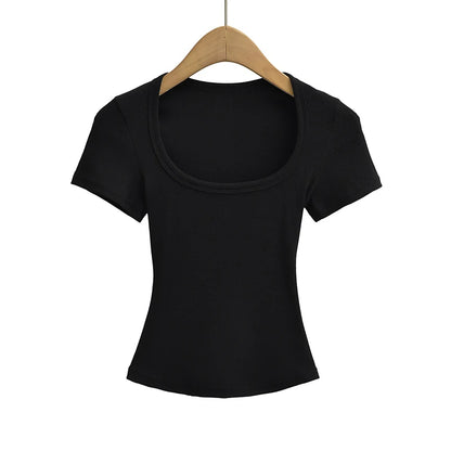 Square Collar High Stretch Summer Crop Tops Women Short Sleeve Tops Sexy Pullover Bottoming Blouses Slim T-shirt