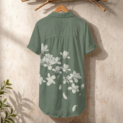 Women's Linen Shirt Dress Chinese Style Flower Womens Dress Summer Button-Down Shirt Dress Loose A-Line Midi Shift Tunic Dress
