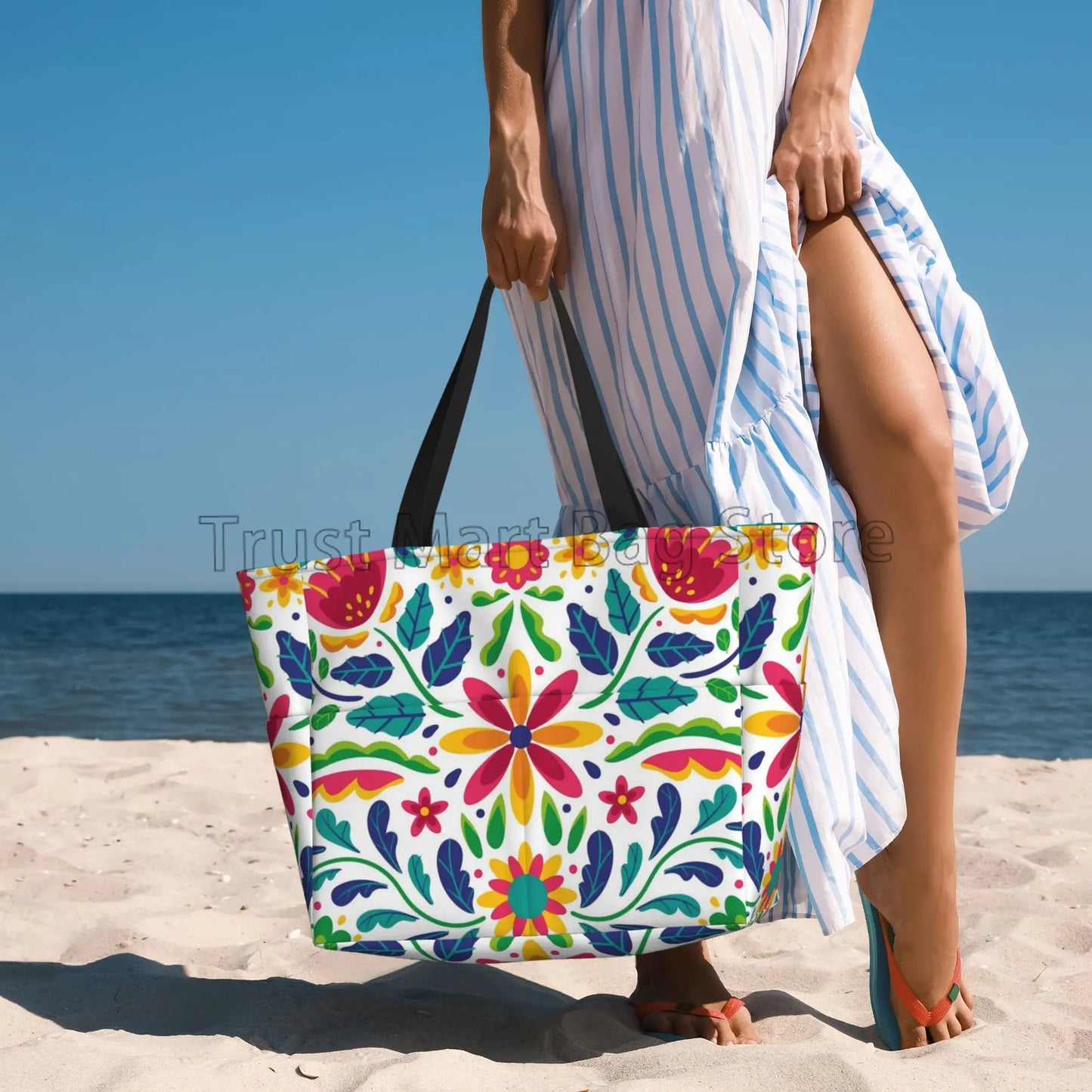 Mexican Flower Waterproof  Beach Tote Pool Bags for Women Ladies Extra Large Gym Tote Carry on Bag for Weekender Travel Swim