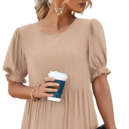 Summer Dresses for Women 2026 Casual Floral Boho Midi Sun DrPuff Short Sleeve Flowy Beach Vacation Sundress
