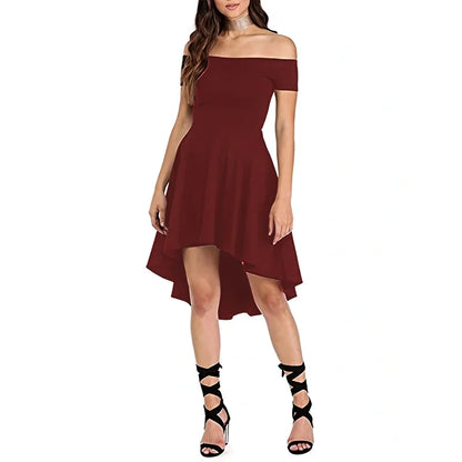 Off-Shoulder Elegance Women’s Asymmetrical Midi Dress - Solid Slim-Fit Season-Versatile Comfort Stretch