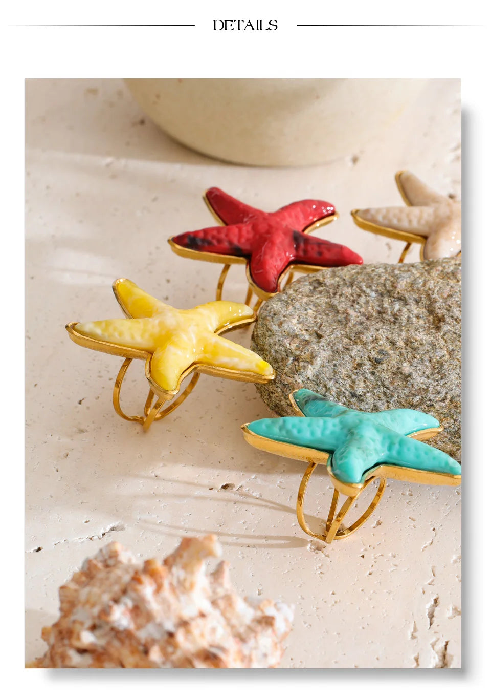Yhpup 4 Color Ocean Style Acrylic Resin Big Starfish Adjustable Ring Stainless Steel Summer Vacation Jewelry for Women Tropical