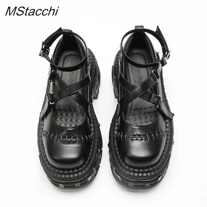 Punk Style Flat Platform Shoes Rivet Buckle Strap Mary Janes Cross Belt Black Leather Thick Bottom Shoes Women Sandals Summer