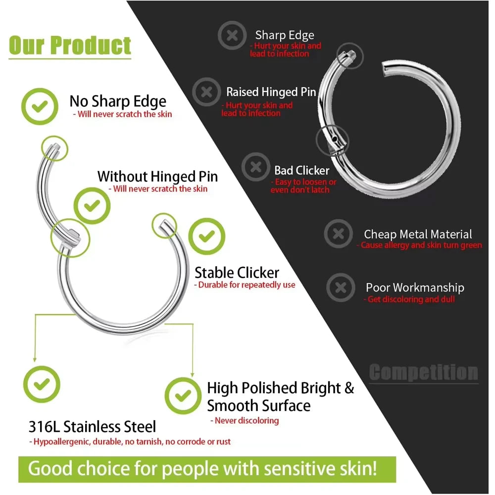 1/10Pc Stainless Steel Nose Ring CZ 16G Hinged Septum Clicker Segment Ear Tragus Cartilage Daith Lip Nose Body Piercing Jewelry