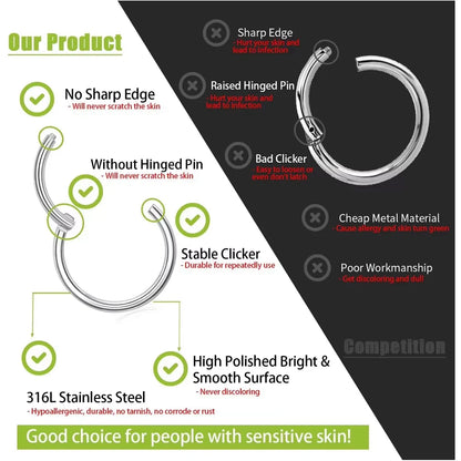 1/10Pc Stainless Steel Nose Ring CZ 16G Hinged Septum Clicker Segment Ear Tragus Cartilage Daith Lip Nose Body Piercing Jewelry