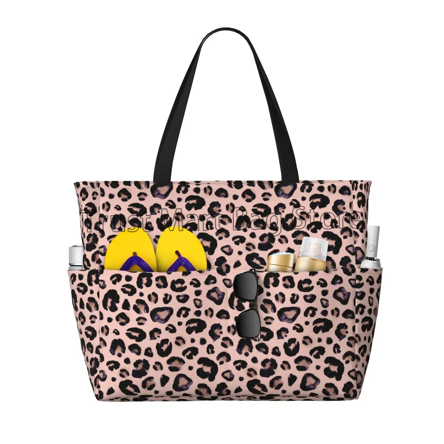 Leopard Print Large Waterproof Beach Bag for Women Sandproof Tote Bag Pool Bag with Zipper and Pockets for Travel Vacation Gym