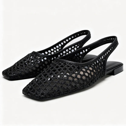 Weave Mesh Breathable Mules Sandals for Women Summer New Slingback Beach Shoes Casual Square Toe Fashion Ballet Flats Ladies