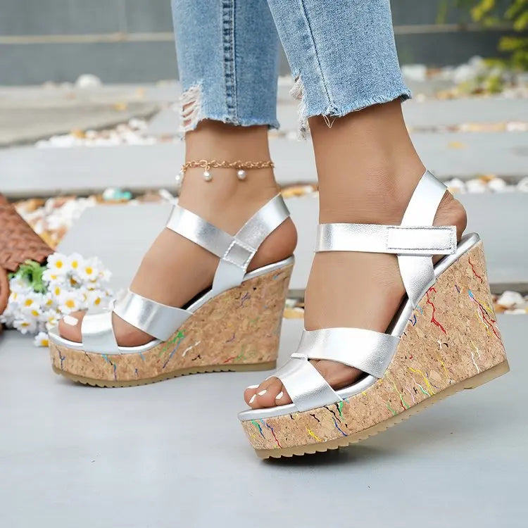 Women's Silver Chunky Platform Sandals 2026 Summer Cork Thick Sole Wedge Sandals Woman Plus Size 43 Pu Leather Casual Shoes