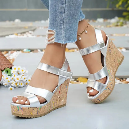 Women's Silver Chunky Platform Sandals 2026 Summer Cork Thick Sole Wedge Sandals Woman Plus Size 43 Pu Leather Casual Shoes