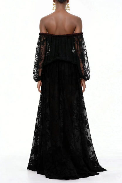 Elegant Luxury Off Shoulder Lace Maxi Dress, Black Sheer Cutout Long Sleeve Gown, Socialite Party Evening Dress For Women
