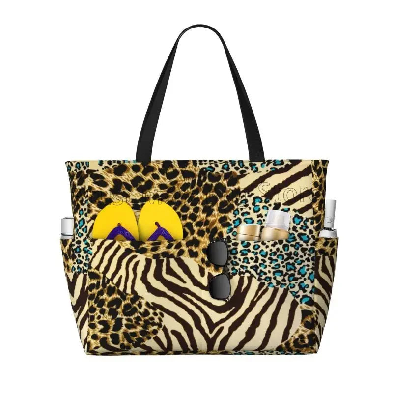 Leopard Print Large Waterproof Beach Bag for Women Sandproof Tote Bag Pool Bag with Zipper and Pockets for Travel Vacation Gym