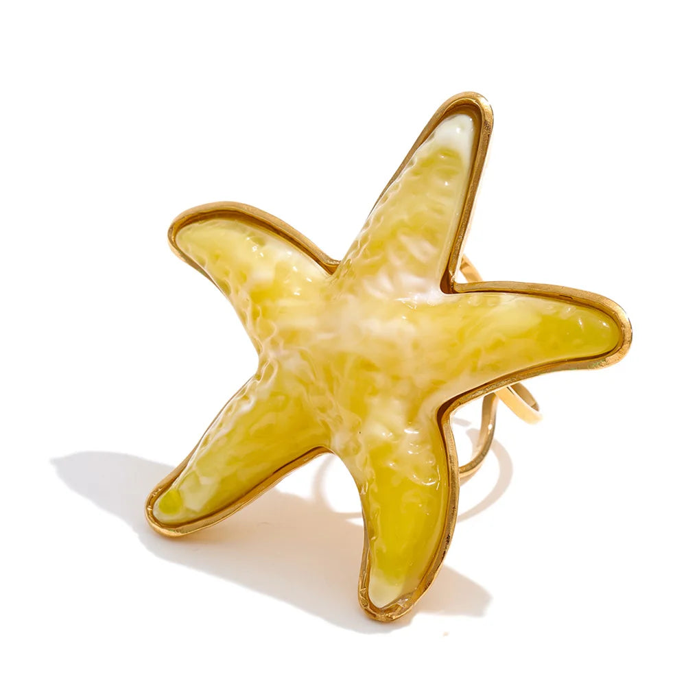 Yhpup 4 Color Ocean Style Acrylic Resin Big Starfish Adjustable Ring Stainless Steel Summer Vacation Jewelry for Women Tropical