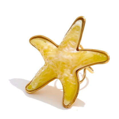 Yhpup 4 Color Ocean Style Acrylic Resin Big Starfish Adjustable Ring Stainless Steel Summer Vacation Jewelry for Women Tropical