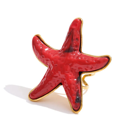 Yhpup 4 Color Ocean Style Acrylic Resin Big Starfish Adjustable Ring Stainless Steel Summer Vacation Jewelry for Women Tropical