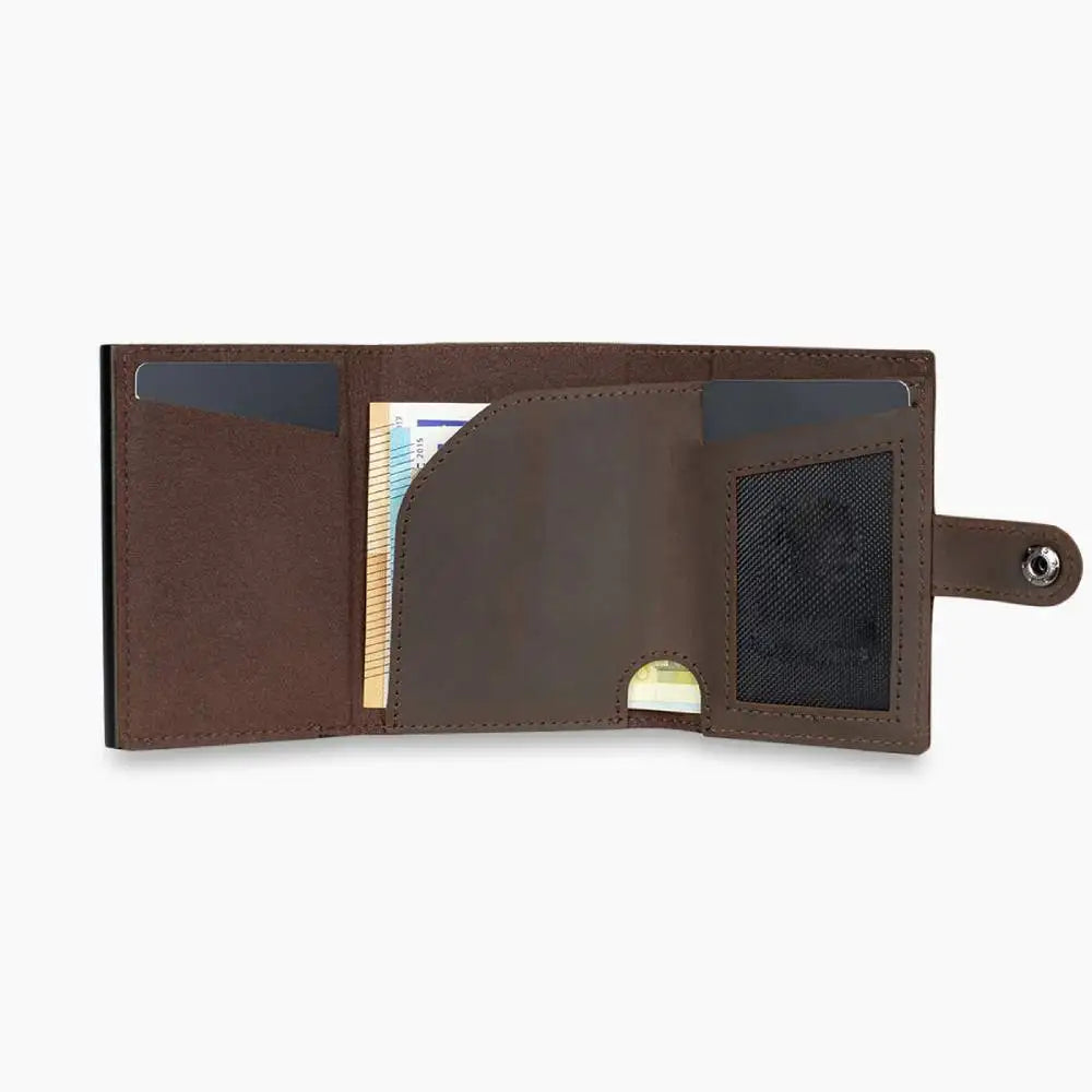 Casekey Men Credit Metal Card Holder RFID Blocking Minimalist Crazy Horse Genuine Leather Pop Up Trifold Wallet with Coin Purse