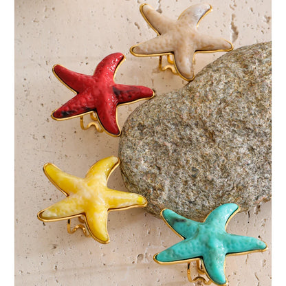 Yhpup 4 Color Ocean Style Acrylic Resin Big Starfish Adjustable Ring Stainless Steel Summer Vacation Jewelry for Women Tropical