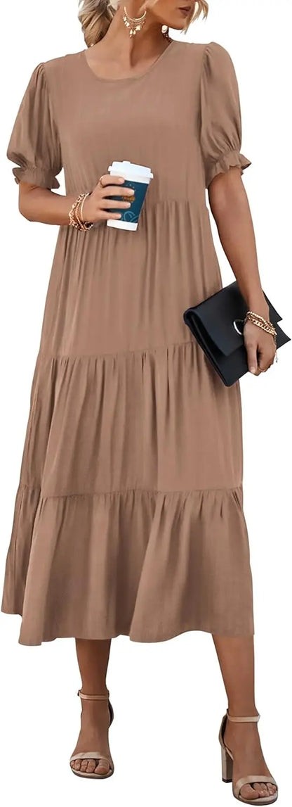 Summer Dresses for Women 2026 Casual Floral Boho Midi Sun DrPuff Short Sleeve Flowy Beach Vacation Sundress
