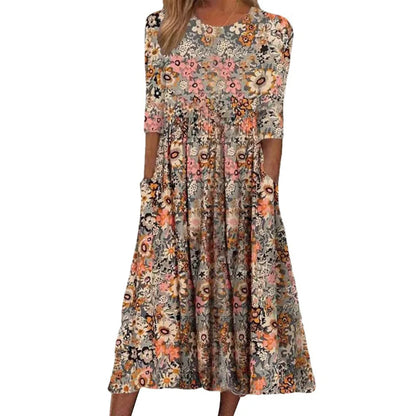 Women's Spring/Summer round Neck Pullover Dress with Pockets Middle Sleeve Loose Casual Print Midi Length