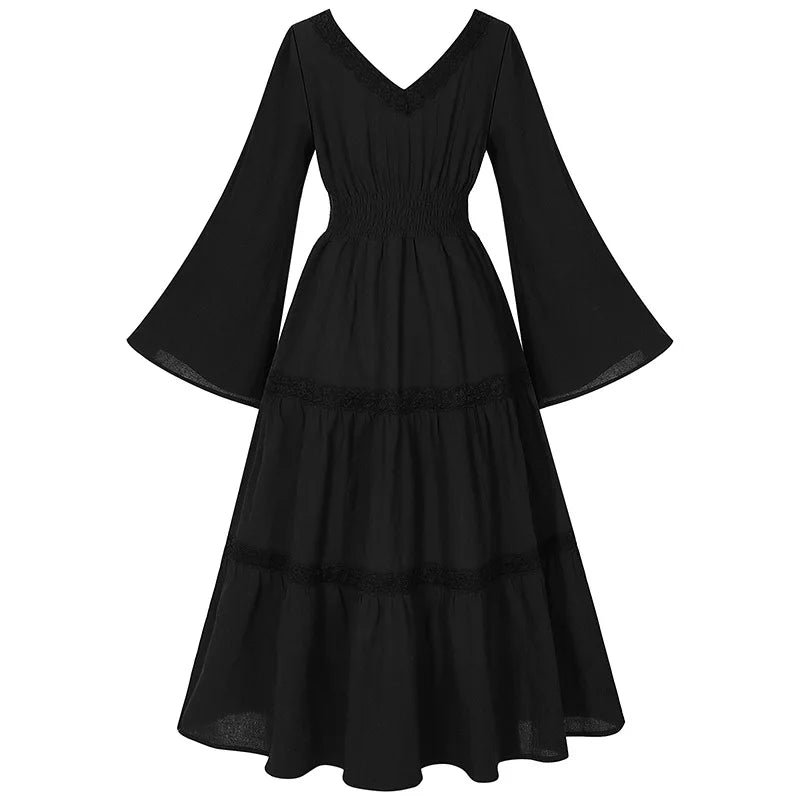 2025 New Beige Halloween/Christmas Square Neck Lace Trim Bell Sleeve Dress for Women, Halloween/Christmas COS Costumes Long Sirt