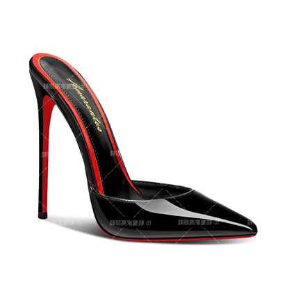 2025 New Style Baotou Sandals for Women, 12cm Pointed Red Bottom High Heels, Ultra fine Heels, Half Slippers for External Wear