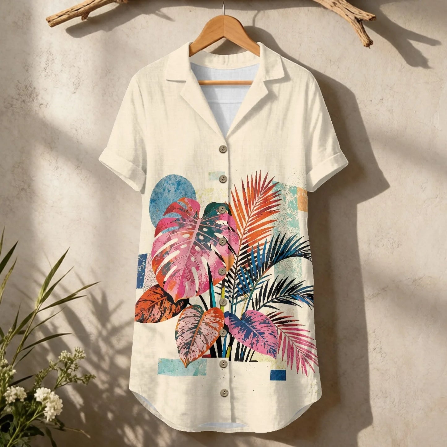 Women's Linen Shirt Dress Chinese Style Flower Womens Dress Summer Button-Down Shirt Dress Loose A-Line Midi Shift Tunic Dress