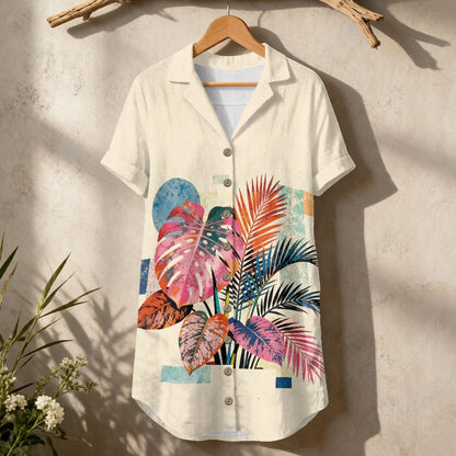 Women's Linen Shirt Dress Chinese Style Flower Womens Dress Summer Button-Down Shirt Dress Loose A-Line Midi Shift Tunic Dress