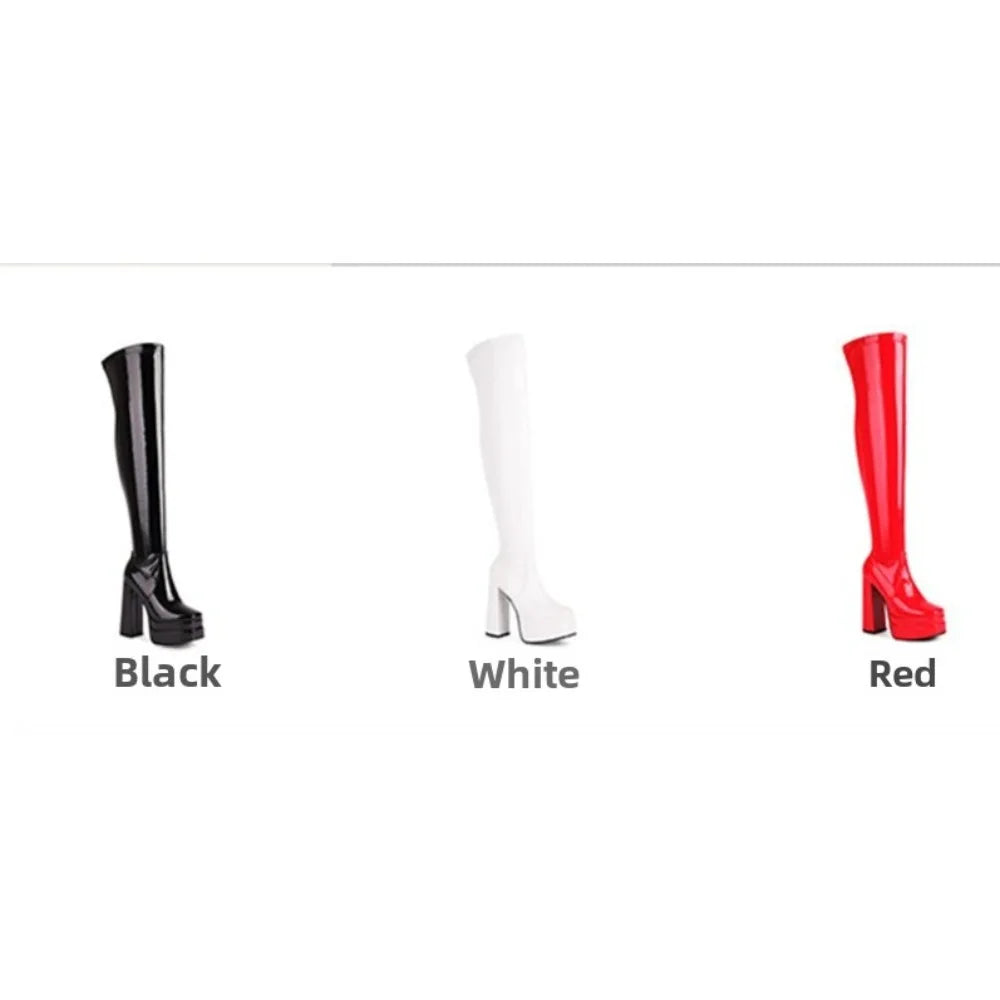 Women Patent Leather Over The Knee Platform Boots Black White Red Double Layer Block Heel Thigh High Boots Plus Size 34-48 23-06