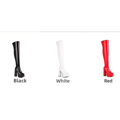 Women Patent Leather Over The Knee Platform Boots Black White Red Double Layer Block Heel Thigh High Boots Plus Size 34-48 23-06