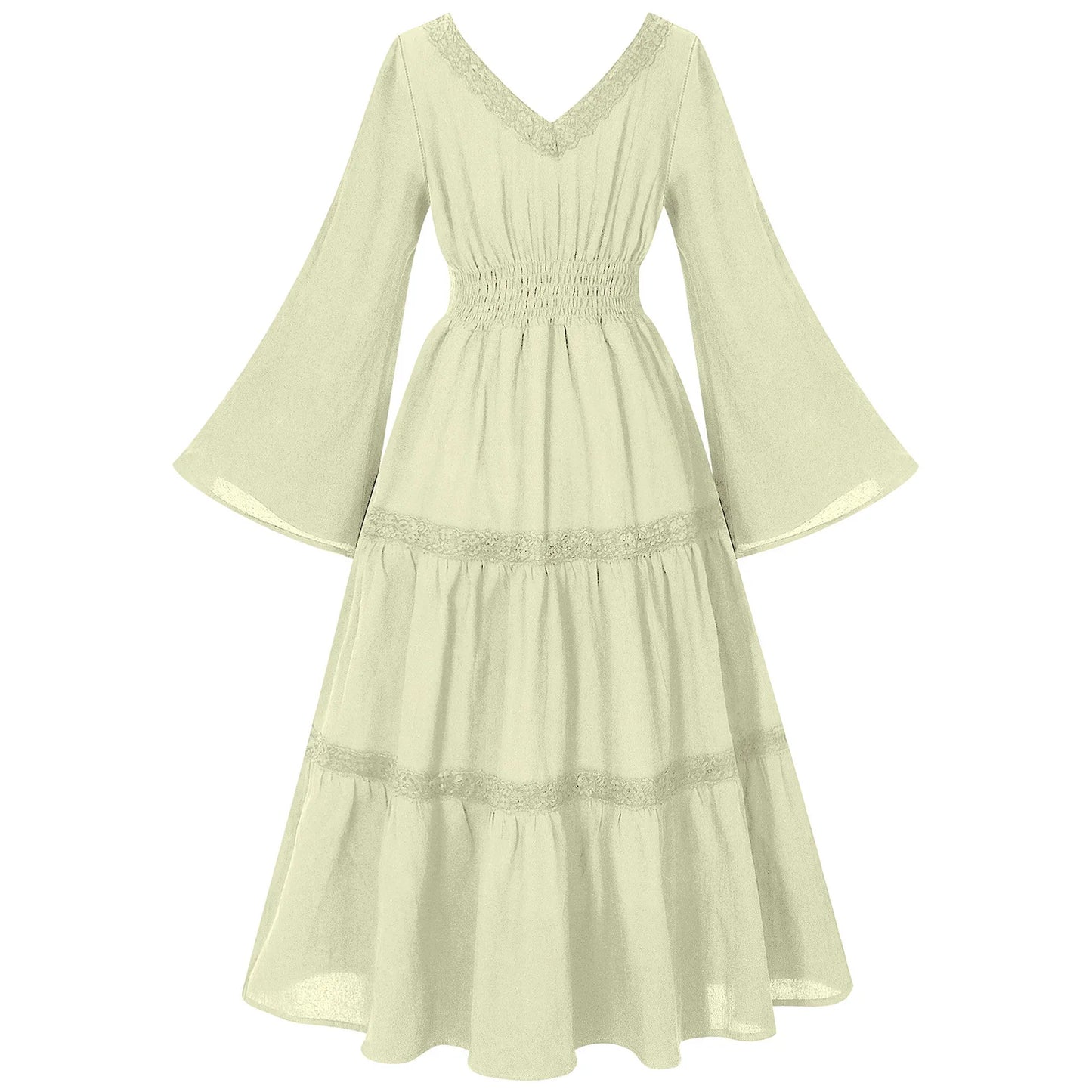 2025 New Beige Halloween/Christmas Square Neck Lace Trim Bell Sleeve Dress for Women, Halloween/Christmas COS Costumes Long Sirt